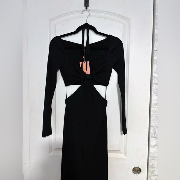 Cult Gaia Enzo Ribbed Knit Maxi Dress cut out halter long sleeve black L - Picture 3 of 16